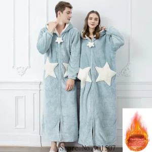 Peignoir Kimono à capuche et fermeture éclair pour femme, vêtement de nuit chaud en molleton de corail, ample, pour Couple, chemise de nuit étoile mignonne, hiver Peignoir Kimono à capuche et fermeture éclair pour femme, vêtement de nuit chaud en molleton de corail, ample, pour Couple, chemise de nuit étoile mignonne, hiver