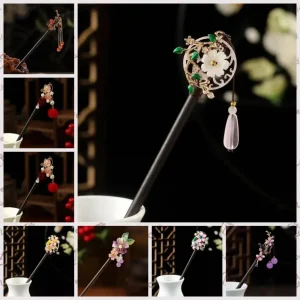 Nouveau bâton de cheveux chinois décoratif en bois, fleur, chignon Hanfu fait à la main avec pompon, épingle à cheveux Vintage, fourchette pour Hanfu Nouveau bâton de cheveux chinois décoratif en bois, fleur, chignon Hanfu fait à la main avec pompon, épingle à cheveux Vintage, fourchette pour Hanfu