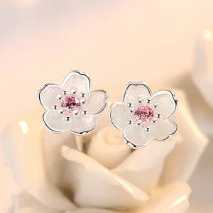 Boucles d&rsquo;oreilles en argent Sterling 925, bijoux incrustés de fleurs de cerisier, clous d&rsquo;oreilles en Zircon rose, simples et populaires pour femmes
