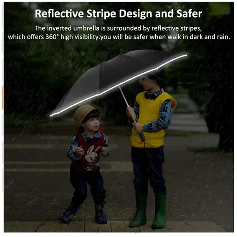 parapluie pliant inversé entièrement automatique pour hommes et femmes, avec bande réfléchissante coupe vent, uv parapluie pliant inversé entièrement automatique pour hommes et femmes, avec bande réfléchissante coupe vent, uv
