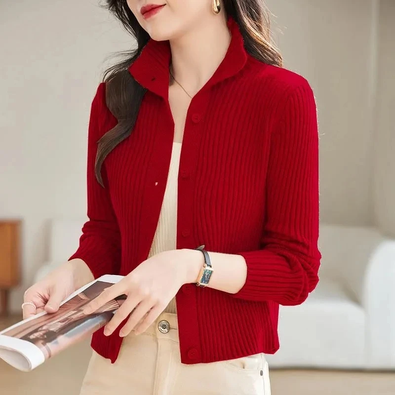 cardigan tricoté veste femmes vêtements printemps hiver 2025 nouveau style col mi haut survêtement pull femme décontracté dames hauts cardigan tricoté veste femmes vêtements printemps hiver 2025 nouveau style col mi haut survêtement pull femme décontracté dames hauts