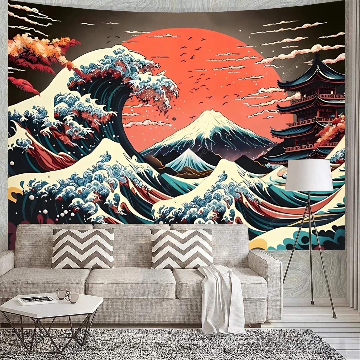 tapisserie murale japonaise réactive uv, grandes vagues, mont fuji, pour décoration de chambre, rideau esthétique, couverture, décoration murale de maison tapisserie murale japonaise réactive uv, grandes vagues, mont fuji, pour décoration de chambre, rideau esthétique, couverture, décoration murale de maison