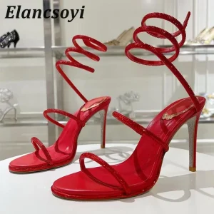 Sandales gladiateur à talons hauts pour femmes, chaussures de soirée à enroulement, biscuits brillants, salle de rinçage, sexy, talons fins, Parker ouvert