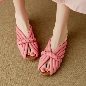 Pantoufles tissées à bout ouvert pour femmes, sandales d&rsquo;été polyvalentes à talons bas, paresseuses, confortables, chaussures décontractées en pain, chaussures de plage pour vacances en plein air
