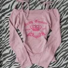 chemise à manches longues rose avec lettres de dessin animé imprimées, slim, à la mode, esthétique, harajuku, cool girl, automne et hiver, streetwear y2k
