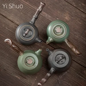 Pot à poignée latérale en fer doré japonais, Pot simple en céramique domestique, guidon, petite théière, service à thé Kung Fu, bouilloire à thé