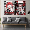 affiche d'esprit japonais moderne noir et rouge, geisha samouraï chat mont fuji, peinture sur toile, art mural pour décoration de salon et de maison