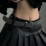 Ceinture pour femmes, perles carrées à la mode, clous en saule, trois yeux d’échappement, Punk Street Cool, ceintures personnalisées pour hommes et femmes Ceinture pour femmes, perles carrées à la mode, clous en saule, trois yeux d’échappement, Punk Street Cool, ceintures personnalisées pour hommes et femmes
