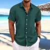 chemise ample décontractée à manches courtes pour hommes, en coton et lin rayé, jacquard, nouvelle collection