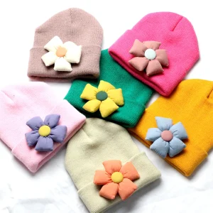 Chapeau tricoté à fleurs pour bébé fille, accessoires de cheveux, nouveau-né, joli Bonnet d&rsquo;hiver en Crochet avec tissu, Bonnet pour nourrissons