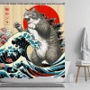 rideau de douche chat japonais, art ondulé de coucher de soleil d'anime vintage, tissu imperméable avec crochets