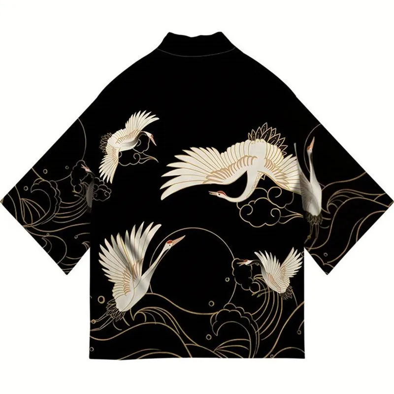 cardigan kimono japonais yukata samouraï pour hommes et femmes, chemise imprimée grue, plage haori harajuku obi, style chinois, streetwear asiatique 5xl cardigan kimono japonais yukata samouraï pour hommes et femmes, chemise imprimée grue, plage haori harajuku obi, style chinois, streetwear asiatique 5xl