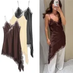 Robe courte en Satin épissé en dentelle pour femmes, sans manches, dos nu, asymétrique, robes de soirée, été, 2025 Robe courte en Satin épissé en dentelle pour femmes, sans manches, dos nu, asymétrique, robes de soirée, été, 2025 
