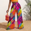 pantalon taille haute à jambes larges imprimé feuilles bleues tropicales pour femmes, vêtements de plage de vacances