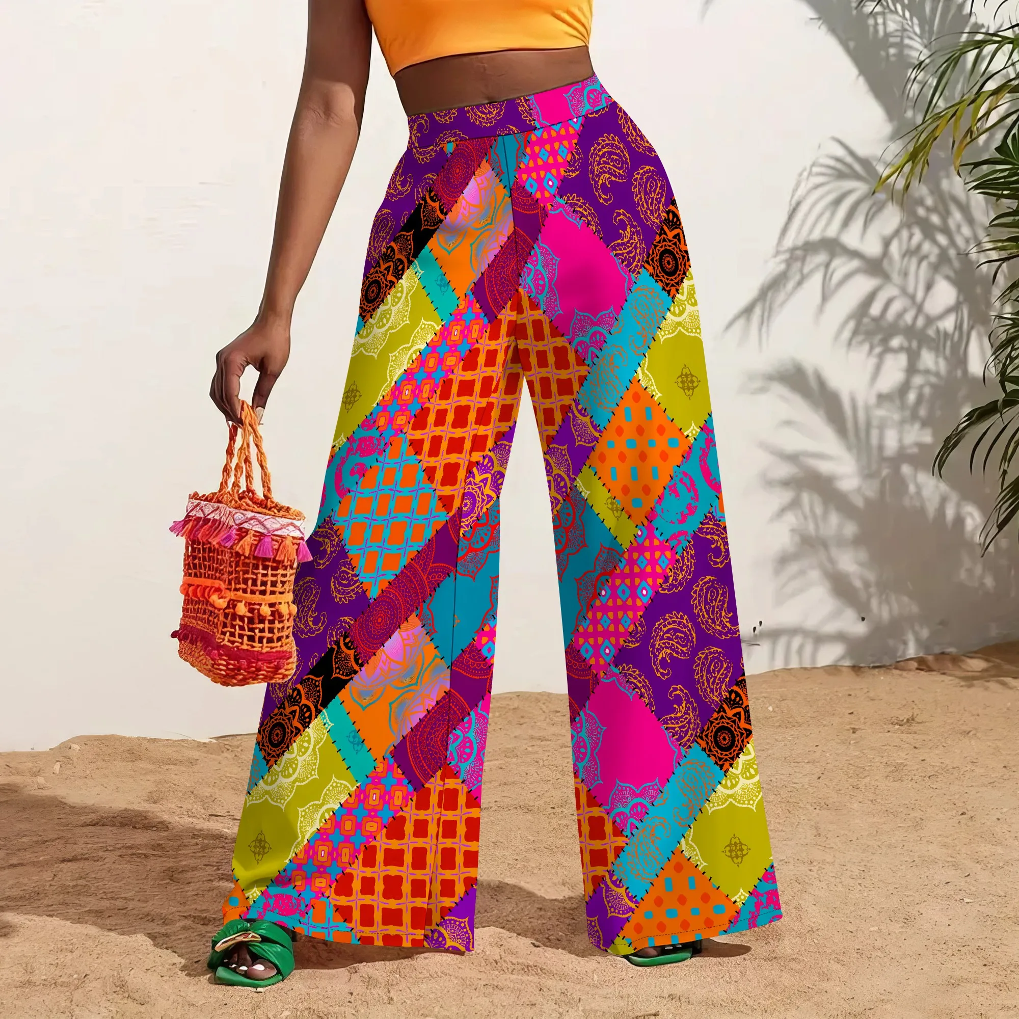 pantalon taille haute à jambes larges imprimé feuilles bleues tropicales pour femmes, vêtements de plage de vacances pantalon taille haute à jambes larges imprimé feuilles bleues tropicales pour femmes, vêtements de plage de vacances