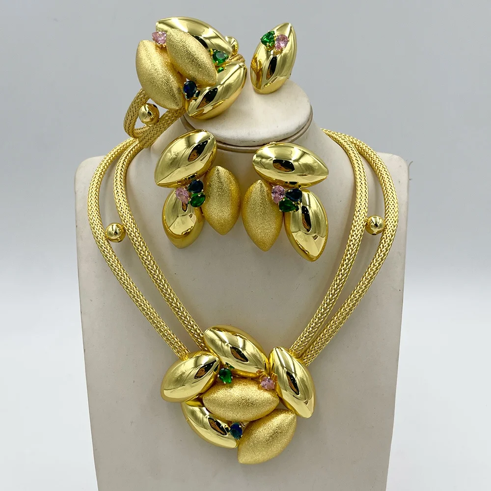 ensemble de bijoux couleur or dubaï pour mariée, grand collier et boucles d'oreilles, bracelet de fête africain élégant, bague, bijoux ensemble de bijoux couleur or dubaï pour mariée, grand collier et boucles d'oreilles, bracelet de fête africain élégant, bague, bijoux