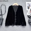 vestes noires en velours pour femmes, vêtements d'extérieur vintage de style chinois, hauts surdimensionnés, col en v, manteaux de tempérament chic, 2025