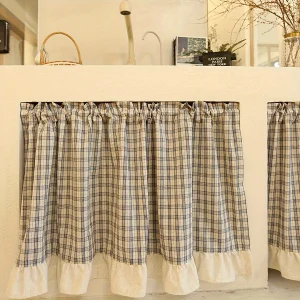 1Pc Tian Zi Grids Rideau court à volants en lin avec tige, adapté au rideau décoratif de séparation de balcon de café de restaurant, demi-rideau de café de salon de cuisine rétro de pays américain 1Pc Tian Zi Grids Rideau court à volants en lin avec tige, adapté au rideau décoratif de séparation de balcon de café de restaurant, demi-rideau de café de salon de cuisine rétro de pays américain