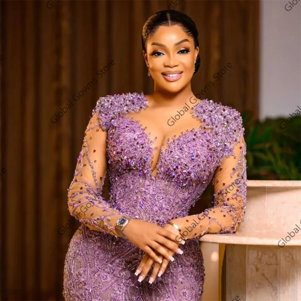 robe de soirée à manches longues pour femmes, aso ebi, perles violettes, appliques, robe d'anniversaire, occasion spéciale, personnalisée, 2024 robe de soirée à manches longues pour femmes, aso ebi, perles violettes, appliques, robe d'anniversaire, occasion spéciale, personnalisée, 2024