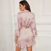 mode femmes solide kimono robe laçage cloche manches robe de bain soie satin courte robe de nuit femme mariage mariée demoiselle d'honneur sexy pei
