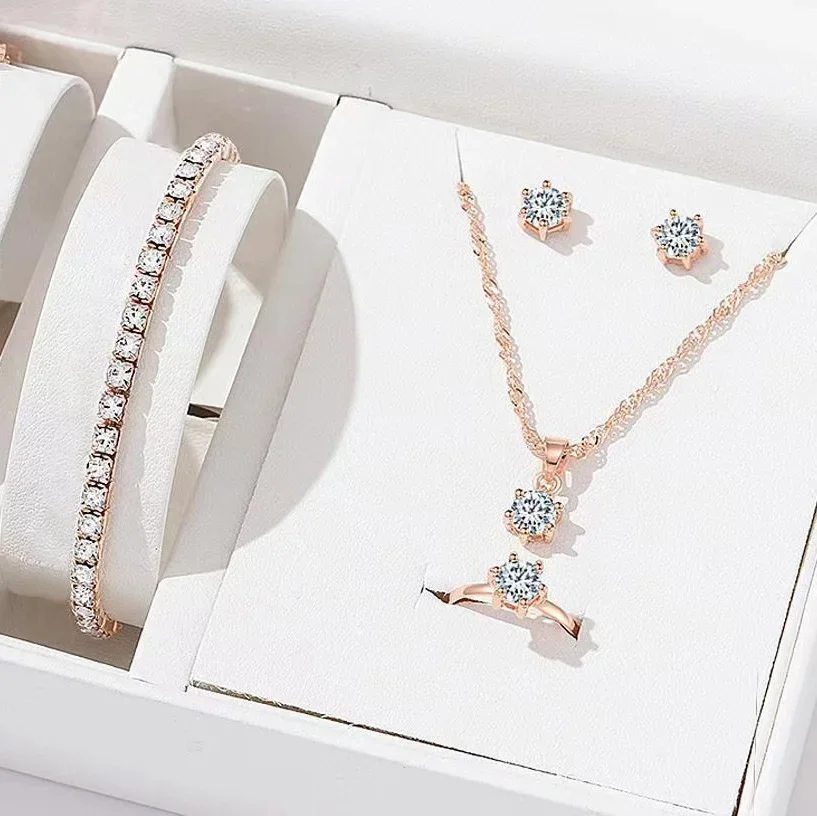 ensemble de bijoux en zircone, 5 pièces, bague en cristal, collier, bracelet, boucles d'oreilles, simple, élégant, polyvalent, coffret cadeau ensemble de bijoux en zircone, 5 pièces, bague en cristal, collier, bracelet, boucles d'oreilles, simple, élégant, polyvalent, coffret cadeau