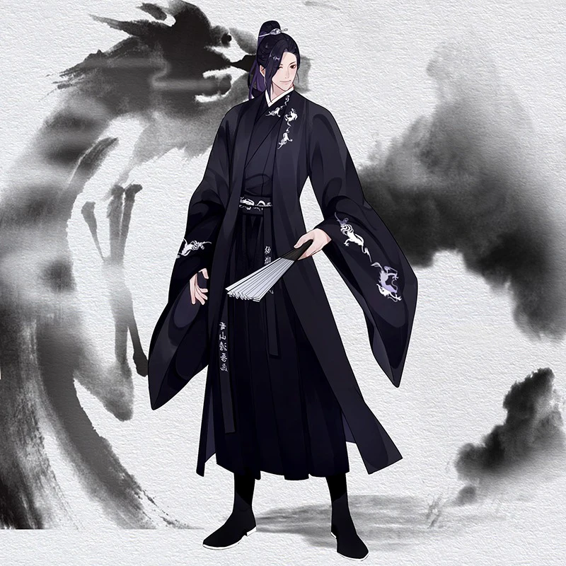 Robe longue unisexe de grande taille avec broderie de samouraï japonais, vêtements de style chinois traditionnel Hanfu, homme sans-abri, dragon noir Robe longue unisexe de grande taille avec broderie de samouraï japonais, vêtements de style chinois traditionnel Hanfu, homme sans-abri, dragon noir