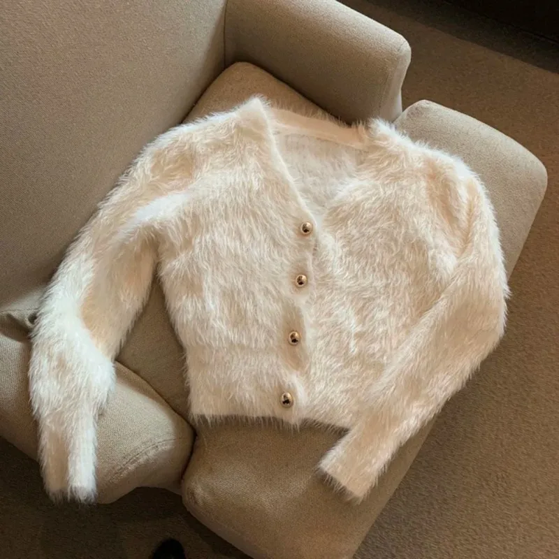 mohairknitted cardigan col en v crop blanc pull rétro décontracté paresseux surdimensionné s ueters pulls pour femmes veste de vêtements en fourrure solide mohairknitted cardigan col en v crop blanc pull rétro décontracté paresseux surdimensionné s ueters pulls pour femmes veste de vêtements en fourrure solide