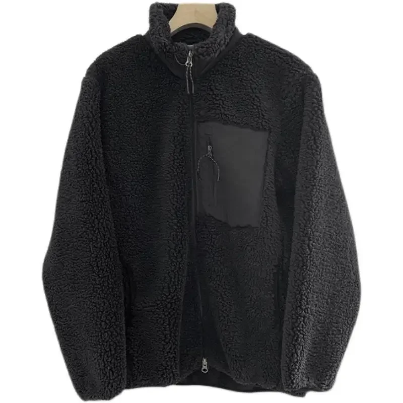 veste polaire japonaise à col montant pour hommes et femmes, manteau ample et chaud en laine d'agneau avec fermeture éclair pour couple, couleur unie, automne et hiver veste polaire japonaise à col montant pour hommes et femmes, manteau ample et chaud en laine d'agneau avec fermeture éclair pour couple, couleur unie, automne et hiver