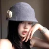 mode style français camélia fleur casquette curl bord hepburn floral melon chapeau britannique élégant femmes formel chapeau dame