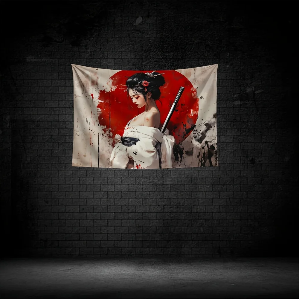 fond de samouraï japonais, kimono blanc avec tapisserie d'épée, revêtement mural décoratif pour femme, accent floral rouge, salon fond de samouraï japonais, kimono blanc avec tapisserie d'épée, revêtement mural décoratif pour femme, accent floral rouge, salon