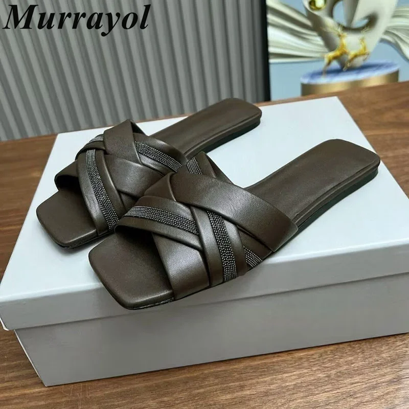 2025 fond plat bout carré pantoufles en cuir véritable chaîne perle décor paresseux sandales dames été loisirs de plein air vacances chaussures 2025 fond plat bout carré pantoufles en cuir véritable chaîne perle décor paresseux sandales dames été loisirs de plein air vacances chaussures