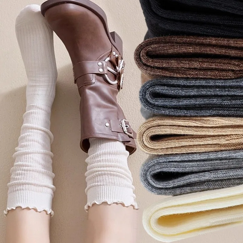 Chaussettes tricotées à volants japonais pour femmes et filles, bas à la mode, Style JK, Tube Long, doux, absorbant la sueur, respirantes, aux genoux Chaussettes tricotées à volants japonais pour femmes et filles, bas à la mode, Style JK, Tube Long, doux, absorbant la sueur, respirantes, aux genoux