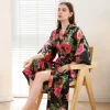 Peignoir Kimono Long en Satin pour Femme, Robe Imprimée de Fleurs, Vêtements de Nuit pour la Maison Peignoir Kimono Long en Satin pour Femme, Robe Imprimée de Fleurs, Vêtements de Nuit pour la Maison