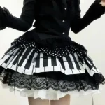 Jupe trapèze noire Harajuku Lolita pour femmes, jupe en dentelle à pois, clé de Piano douce, taille haute, vêtements à la mode coréenne 2025, Y2k Jupe trapèze noire Harajuku Lolita pour femmes, jupe en dentelle à pois, clé de Piano douce, taille haute, vêtements à la mode coréenne 2025, Y2k