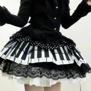 Jupe trapèze noire Harajuku Lolita pour femmes, jupe en dentelle à pois, clé de Piano douce, taille haute, vêtements à la mode coréenne 2025, Y2k Jupe trapèze noire Harajuku Lolita pour femmes, jupe en dentelle à pois, clé de Piano douce, taille haute, vêtements à la mode coréenne 2025, Y2k