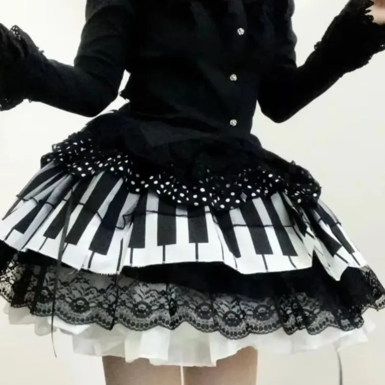 Jupe trapèze noire Harajuku Lolita pour femmes, jupe en dentelle à pois, clé de Piano douce, taille haute, vêtements à la mode coréenne 2025, Y2k Jupe trapèze noire Harajuku Lolita pour femmes, jupe en dentelle à pois, clé de Piano douce, taille haute, vêtements à la mode coréenne 2025, Y2k