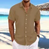 chemise ample décontractée à manches courtes pour hommes, en coton et lin rayé, jacquard, nouvelle collection