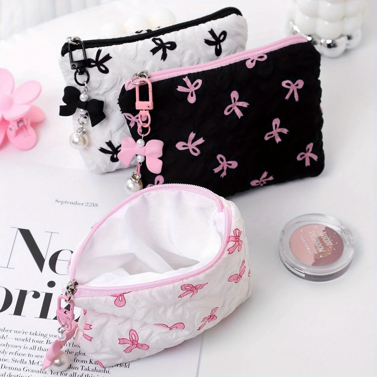 trousse de maquillage à nœud brodé, niveau d'apparence élevé, sac de rangement pour porte monnaie, mignon, grande capacité, trousse de maquillage haut de gamme trousse de maquillage à nœud brodé, niveau d'apparence élevé, sac de rangement pour porte monnaie, mignon, grande capacité, trousse de maquillage haut de gamme