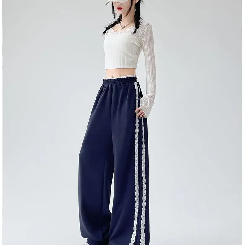 pantalon décontracté en dentelle noire pour femmes, taille haute, jambes larges, ample, nouveau style, pantalon sportif polyvalent, printemps été pantalon décontracté en dentelle noire pour femmes, taille haute, jambes larges, ample, nouveau style, pantalon sportif polyvalent, printemps été