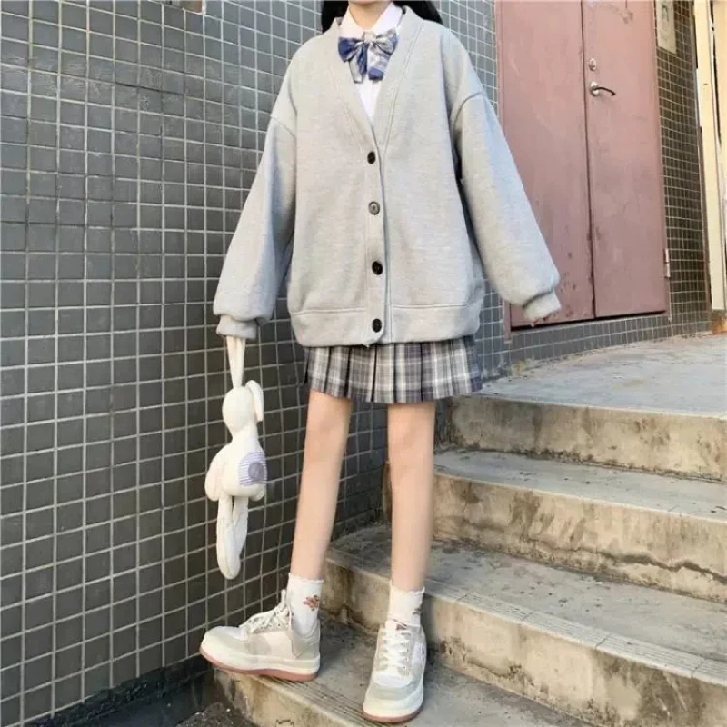 vestes cardigan de style preppy japonais pour femmes, col en v, poches solides, bouton, mode preppy, automne, hiver, nouveau vestes cardigan de style preppy japonais pour femmes, col en v, poches solides, bouton, mode preppy, automne, hiver, nouveau