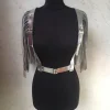 Ceinture à pampilles en argent brillant pour Festival de musique court, mode femmes Cosplay scène Performance paillettes Pu Bondage gilet Cape accessoires