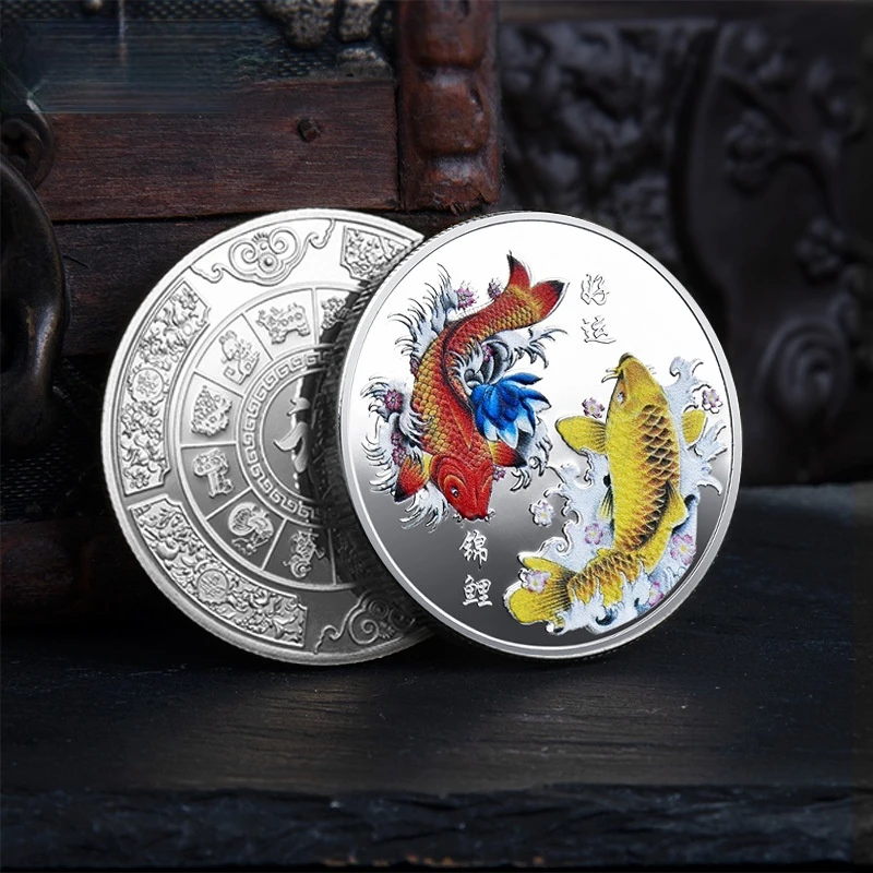 pièce commémorative chinoise fu koi, bonne chance à vous, médaille de carpe de couleur, pièce d'or et d'argent, badge artisanal en métal gaufré, cadeau pièce commémorative chinoise fu koi, bonne chance à vous, médaille de carpe de couleur, pièce d'or et d'argent, badge artisanal en métal gaufré, cadeau