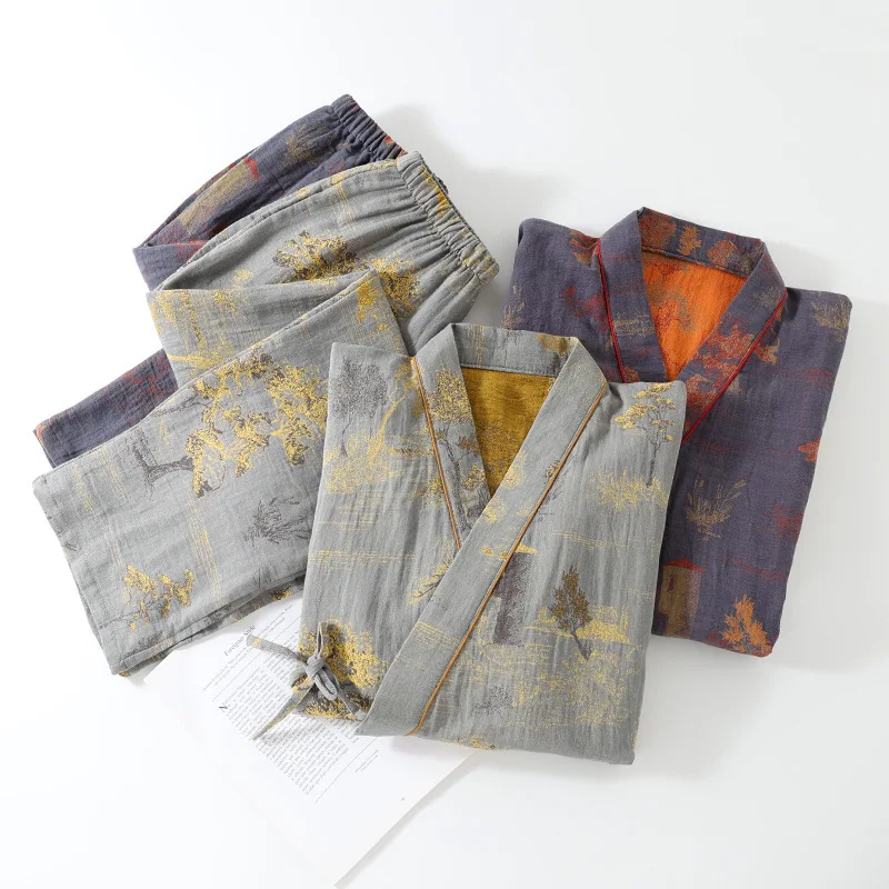ensemble kimono japonais 100% coton crêpe, pyjama deux pièces pour couple, ample, pour hommes et femmes, costume à la vapeur, ensemble de service à domicile ensemble kimono japonais 100% coton crêpe, pyjama deux pièces pour couple, ample, pour hommes et femmes, costume à la vapeur, ensemble de service à domicile