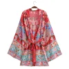 bo00 cardigan kimono imprimé paon à fleurs rouges pour femmes, manches longues chauve souris, ceinture à nœud, chemise, robe adt, cape de plage, vacances