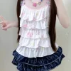 débardeur bandage brodé japonais kawaii pour femmes, y2k, esthétique, imprimé chat de dessin animé, mignon, harajuku, camisoles brodées à volants