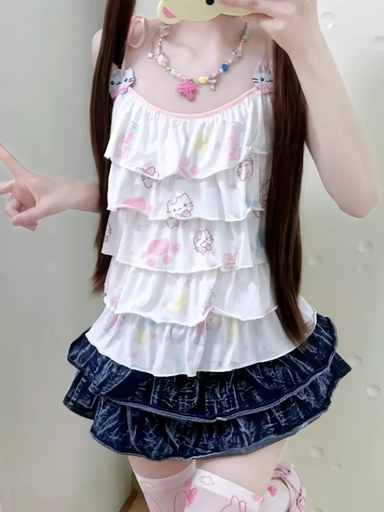débardeur bandage brodé japonais kawaii pour femmes, y2k, esthétique, imprimé chat de dessin animé, mignon, harajuku, camisoles brodées à volants débardeur bandage brodé japonais kawaii pour femmes, y2k, esthétique, imprimé chat de dessin animé, mignon, harajuku, camisoles brodées à volants