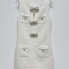 robes féminines élégantes blanc cassé, mini robe sans manches avec nœud, taille haute, coupe cintrée
