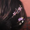 bâtons de cheveux à fleurs chinoises, style ancien avec pompon hanfu, fourchette à cheveux, chignon de fête fait à la main, épingles pour femmes et filles