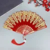 Éventail ancien chinois pliant en plastique, éventail hanfu pour femmes, décoration de maison japonaise, danse noire et rouge, éventail pliant pour fête de mariage
