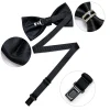 noeud papillon pré attaché noir uni avec demi anneau en diamant, ensemble de boutons de manchette carrés de poche à la mode, fête d'affaires, nœud papillon de luxe pour hommes